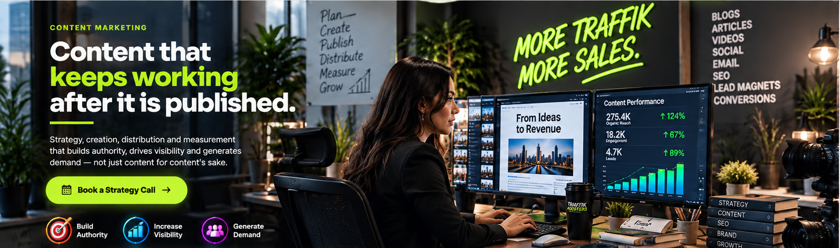 Traffik Boosters content marketing studio with content pipeline, performance dashboards and More Traffik More Sales wall branding