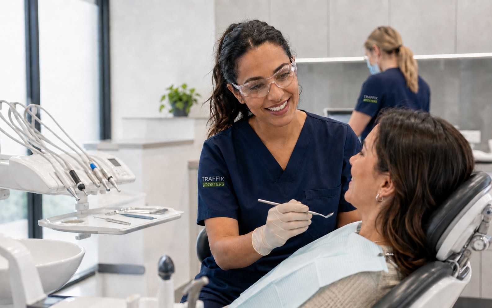 Dentist consulting with a patient in a modern independent dental practice.