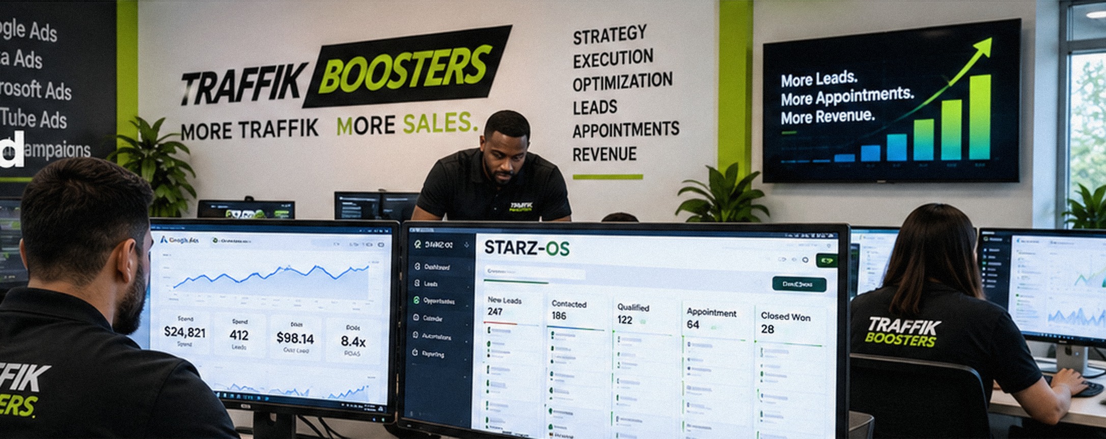 Traffik Boosters paid media specialists managing PPC campaigns and the STARZ-OS pipeline