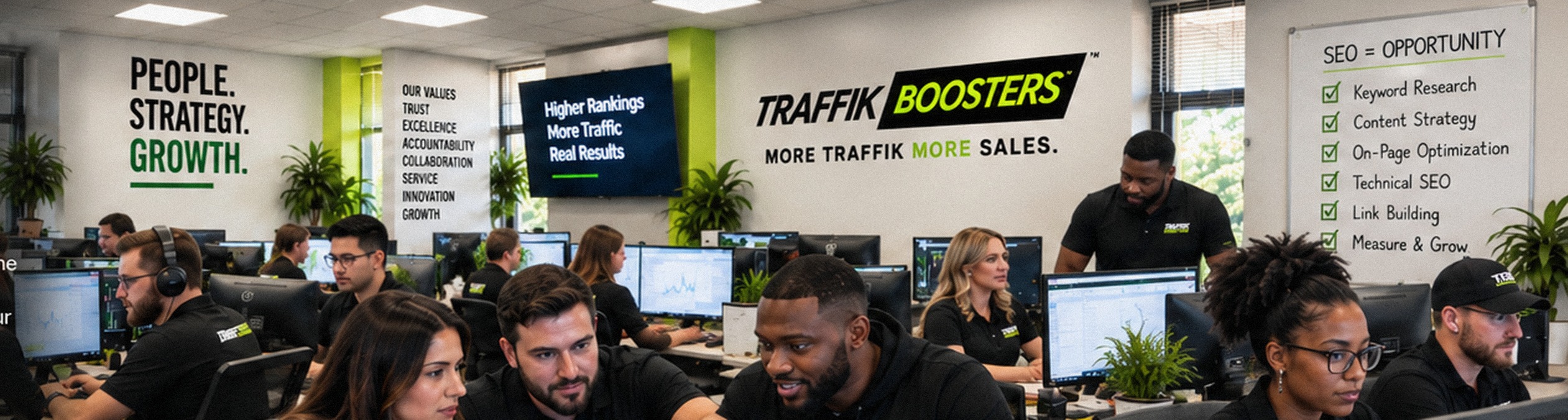 Traffik Boosters SEO specialists collaborating on search strategy, rankings and organic growth